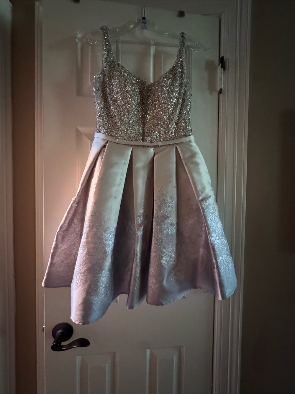 Rachel Allan Silver Sequin Bodice Pleated Formal Dress